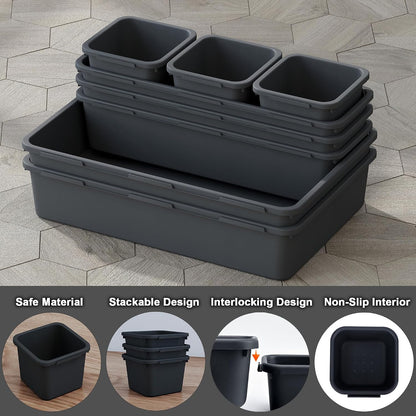 Desk Drawer Organizer Tray Set, 16PCS Plastic Drawer Organizer Bins for Office, Makeup, Kitchen - Gray Blue Desk Organizer with Flexible Interlocking Design for Efficient (Gray Blue, 16PCS)