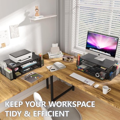 Desk Organizer and Accessories, 2-Tier Computer Monitor Stand Riser with Drawer and 2 Pen Holders, Laptop Stand, Office Desk Accessories for Office Supplies, Black