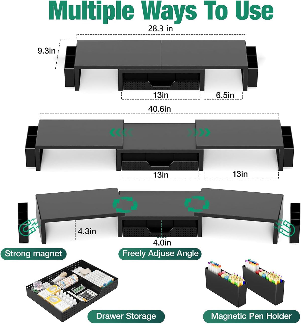 Desk Organizer and Accessories, 2-Tier Computer Monitor Stand Riser with Drawer and 2 Pen Holders, Laptop Stand, Office Desk Accessories for Office Supplies, Black