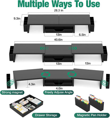 Desk Organizer and Accessories, 2-Tier Computer Monitor Stand Riser with Drawer and 2 Pen Holders, Laptop Stand, Office Desk Accessories for Office Supplies, Black