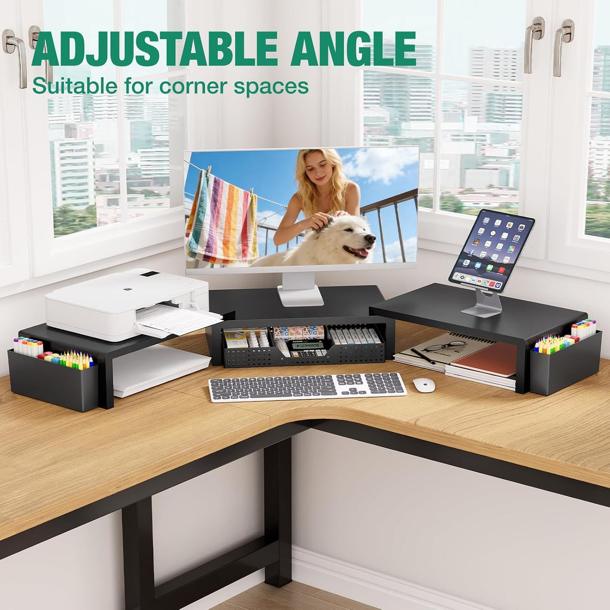 Desk Organizer and Accessories, 2-Tier Computer Monitor Stand Riser with Drawer and 2 Pen Holders, Laptop Stand, Office Desk Accessories for Office Supplies, Black