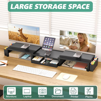 Desk Organizer and Accessories, 2-Tier Computer Monitor Stand Riser with Drawer and 2 Pen Holders, Laptop Stand, Office Desk Accessories for Office Supplies, Black