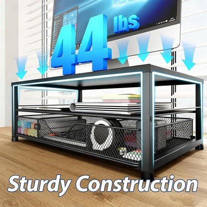 Desk Organizer and Accessories, 2-Tier Computer Monitor Stand Riser with Drawer and 2 Pen Holders, Laptop Stand, Office Desk Accessories for Office Supplies, Black