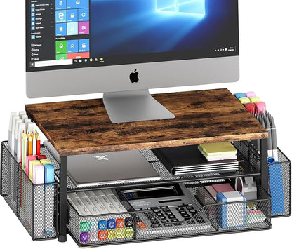 Desk Organizer and Accessories, 2-Tier Computer Monitor Stand Riser with Drawer and 2 Pen Holders, Laptop Stand, Office Desk Accessories for Office Supplies, Black