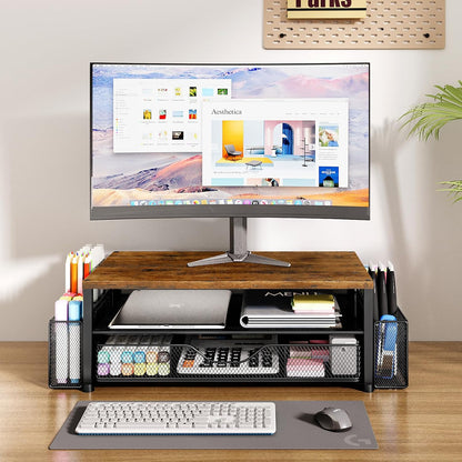 Desk Organizer and Accessories, 2-Tier Computer Monitor Stand Riser with Drawer and 2 Pen Holders, Laptop Stand, Office Desk Accessories for Office Supplies, Black