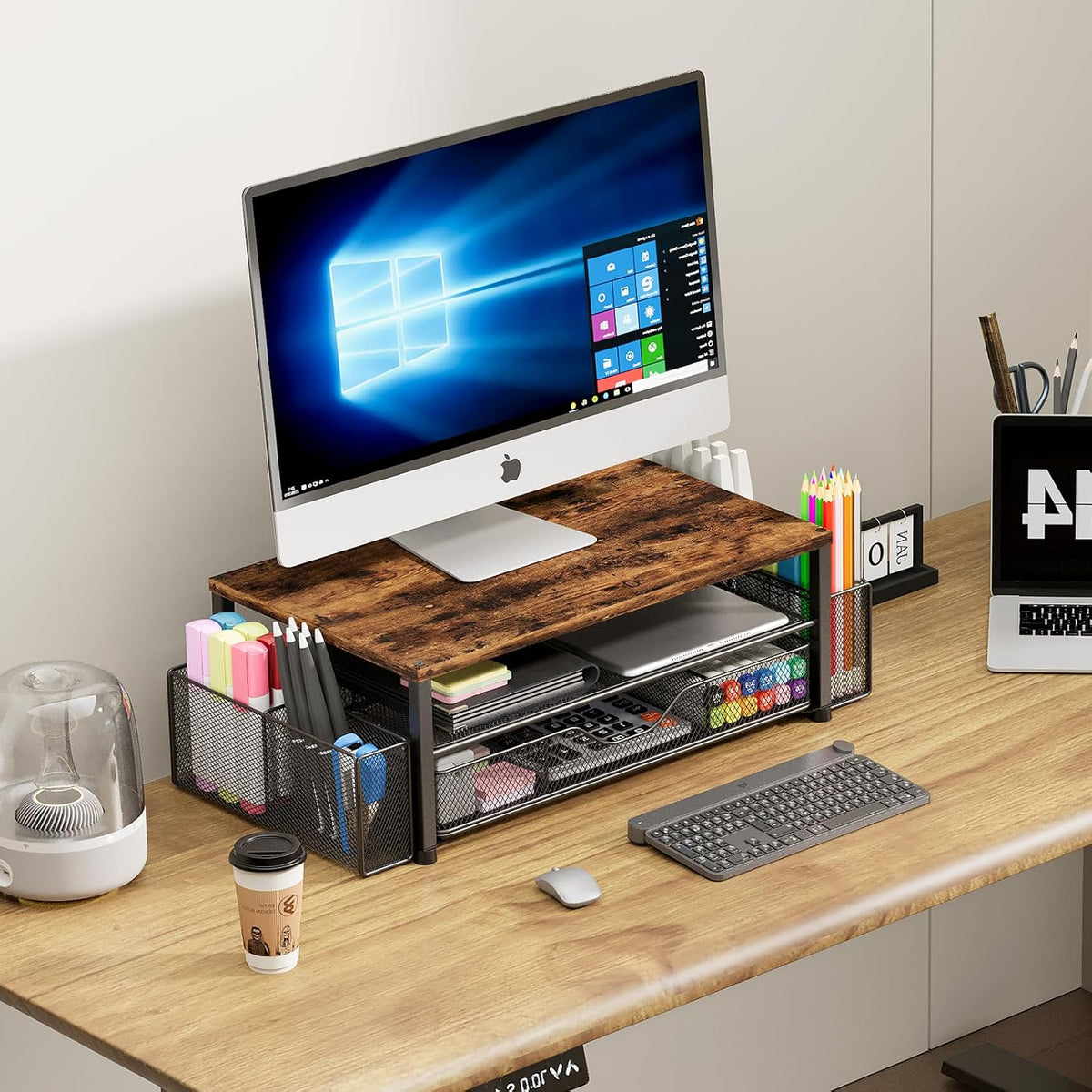 Desk Organizer and Accessories, 2-Tier Computer Monitor Stand Riser with Drawer and 2 Pen Holders, Laptop Stand, Office Desk Accessories for Office Supplies, Black