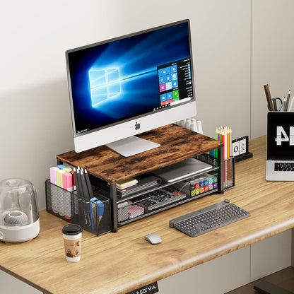 Desk Organizer and Accessories, 2-Tier Computer Monitor Stand Riser with Drawer and 2 Pen Holders, Laptop Stand, Office Desk Accessories for Office Supplies, Black