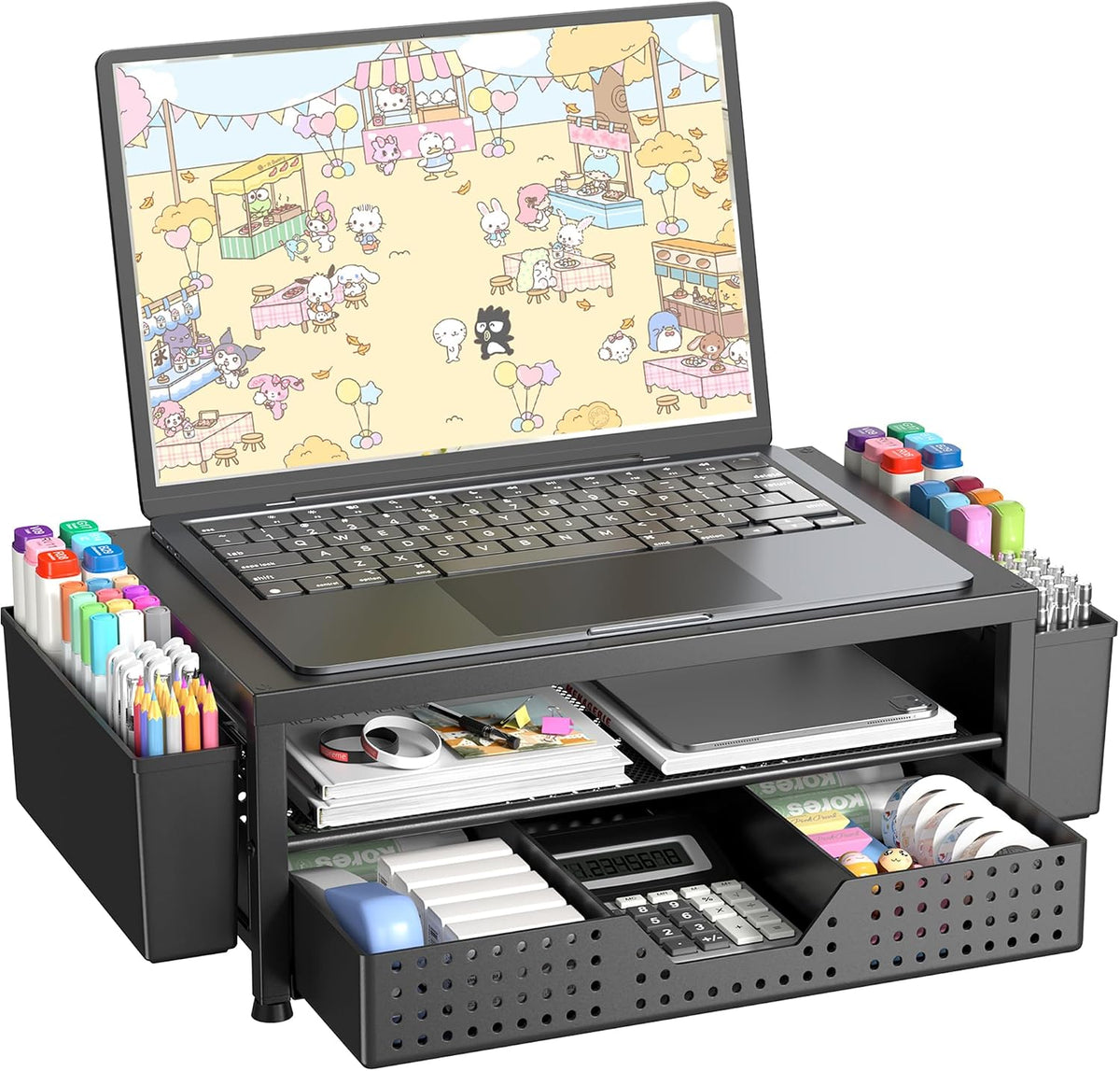 Desk Organizer and Accessories, 2-Tier Computer Monitor Stand Riser with Drawer and 2 Pen Holders, Laptop Stand, Office Desk Accessories for Office Supplies, Black