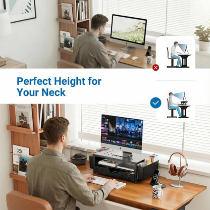 Desk Organizer and Accessories, 2-Tier Computer Monitor Stand Riser with Drawer and 2 Pen Holders, Laptop Stand, Office Desk Accessories for Office Supplies, Black