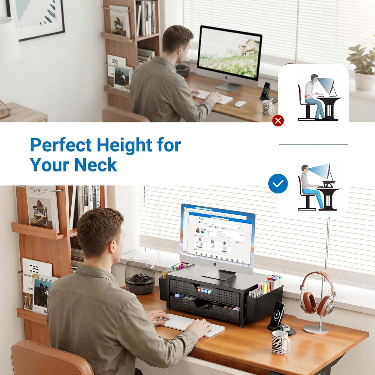 Desk Organizer and Accessories, 2-Tier Computer Monitor Stand Riser with Drawer and 2 Pen Holders, Laptop Stand, Office Desk Accessories for Office Supplies, Black