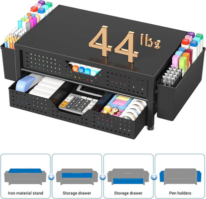 Desk Organizer and Accessories, 2-Tier Computer Monitor Stand Riser with Drawer and 2 Pen Holders, Laptop Stand, Office Desk Accessories for Office Supplies, Black