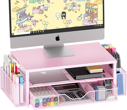 Desk Organizer and Accessories, 2-Tier Computer Monitor Stand Riser with Drawer and 2 Pen Holders, Laptop Stand, Office Desk Accessories for Office Supplies, Black