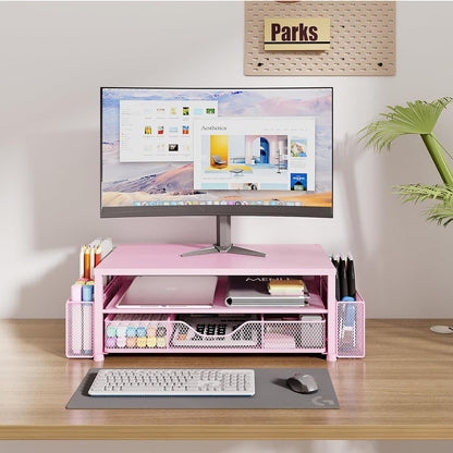 Desk Organizer and Accessories, 2-Tier Computer Monitor Stand Riser with Drawer and 2 Pen Holders, Laptop Stand, Office Desk Accessories for Office Supplies, Black