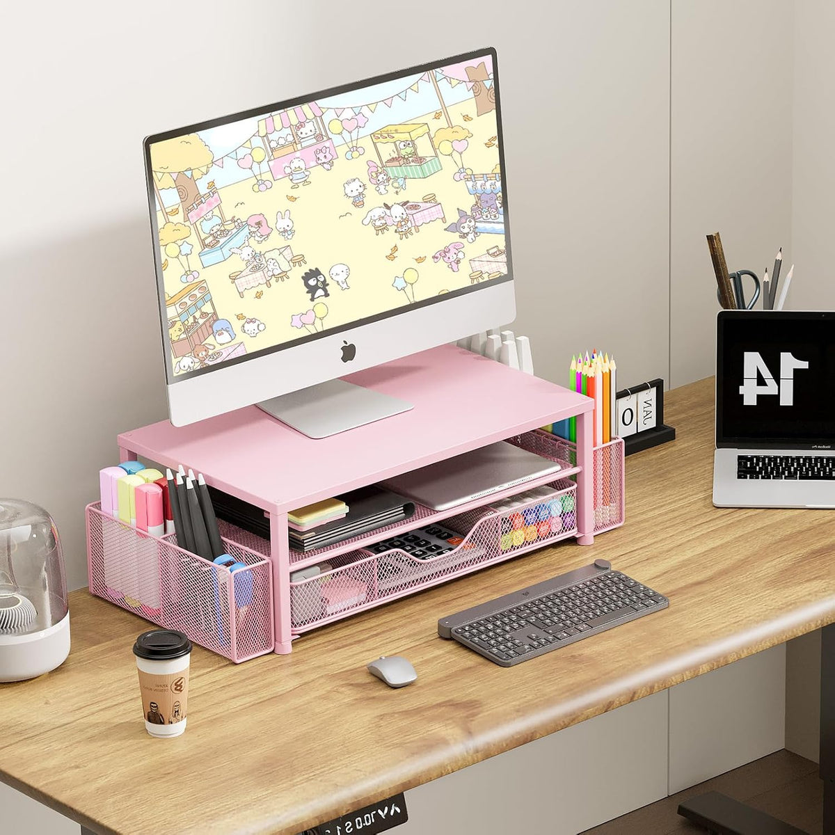 Desk Organizer and Accessories, 2-Tier Computer Monitor Stand Riser with Drawer and 2 Pen Holders, Laptop Stand, Office Desk Accessories for Office Supplies, Black