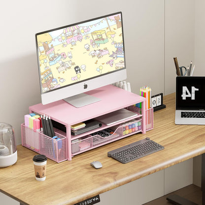 Desk Organizer and Accessories, 2-Tier Computer Monitor Stand Riser with Drawer and 2 Pen Holders, Laptop Stand, Office Desk Accessories for Office Supplies, Black