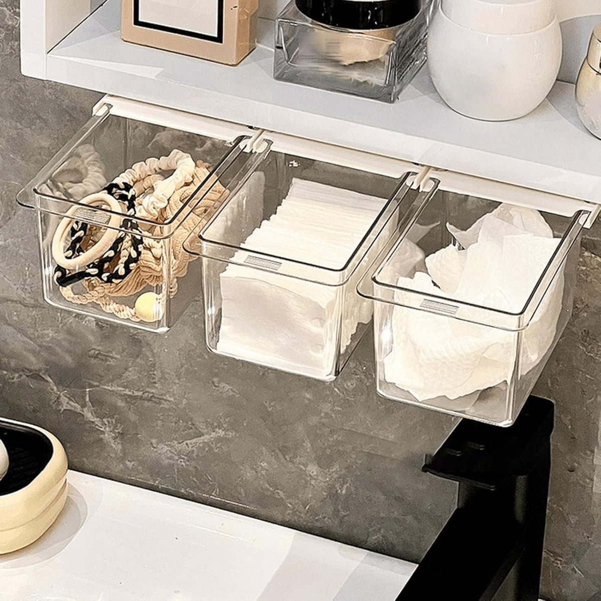 Under Desk Drawer Organizer - Wall-Mounted Dust-Proof Clear Pull-Out Storage Box with Cartoon Design, Stackable Slide-Out Drawer for Desk, Kitchen, Bathroom, Makeup, Cotton Swabs, Stationery