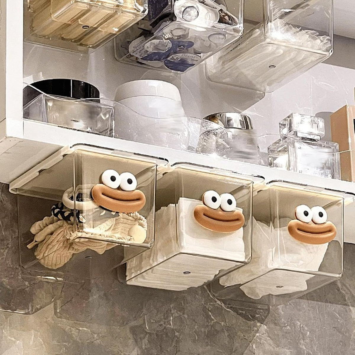 Under Desk Drawer Organizer - Wall-Mounted Dust-Proof Clear Pull-Out Storage Box with Cartoon Design, Stackable Slide-Out Drawer for Desk, Kitchen, Bathroom, Makeup, Cotton Swabs, Stationery
