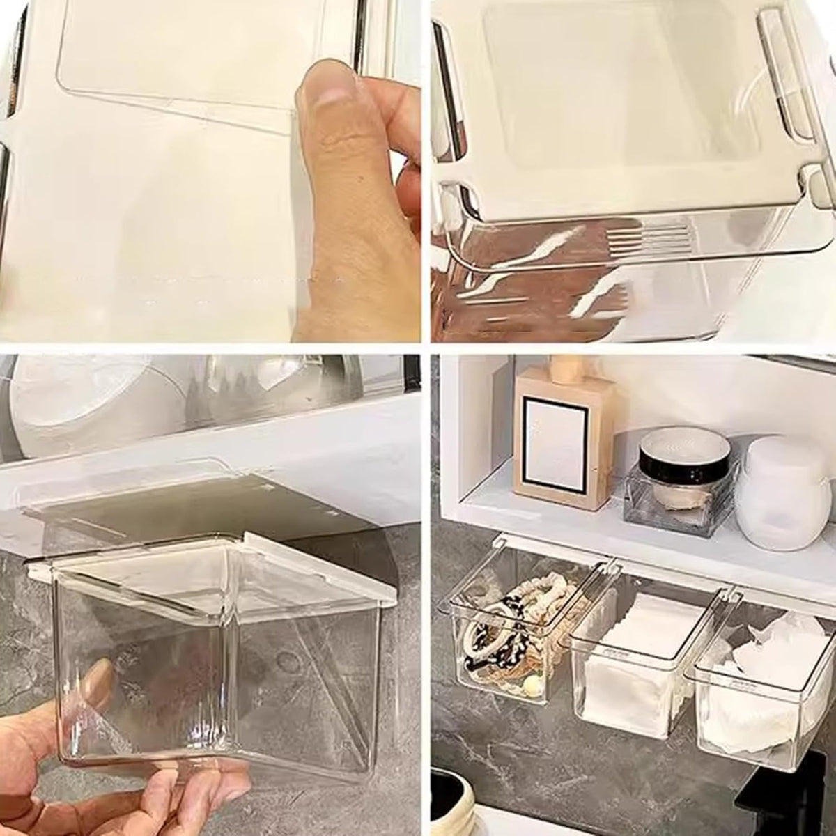 Under Desk Drawer Organizer - Wall-Mounted Dust-Proof Clear Pull-Out Storage Box with Cartoon Design, Stackable Slide-Out Drawer for Desk, Kitchen, Bathroom, Makeup, Cotton Swabs, Stationery