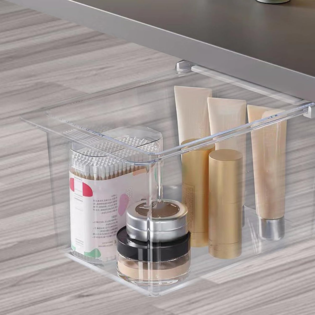 Under Desk Drawer Organizer - Wall-Mounted Dust-Proof Clear Pull-Out Storage Box with Cartoon Design, Stackable Slide-Out Drawer for Desk, Kitchen, Bathroom, Makeup, Cotton Swabs, Stationery