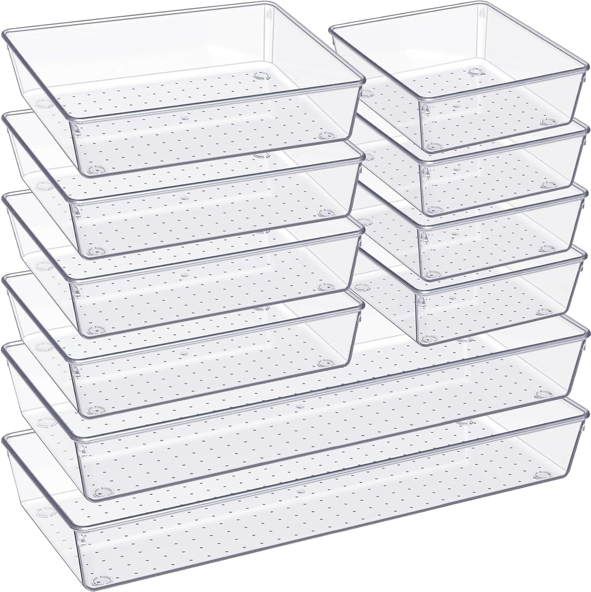 Drawer Organizer, Large Clear Plastic Set, 3 Size Versatile Bathroom and Vanity Organizer Trays, Storage Bins for Makeup, Bedroom, Kitchen Utensils
