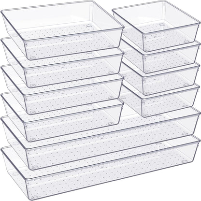 Drawer Organizer, Large Clear Plastic Set, 3 Size Versatile Bathroom and Vanity Organizer Trays, Storage Bins for Makeup, Bedroom, Kitchen Utensils
