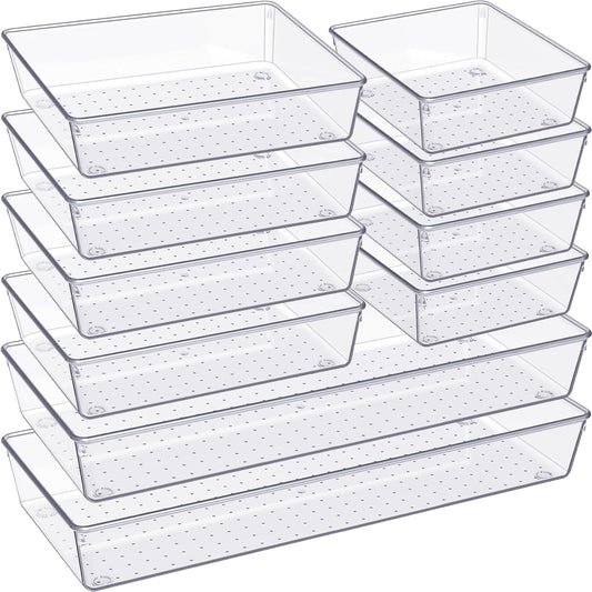 Drawer Organizer, Large Clear Plastic Set, 3 Size Versatile Bathroom and Vanity Organizer Trays, Storage Bins for Makeup, Bedroom, Kitchen Utensils
