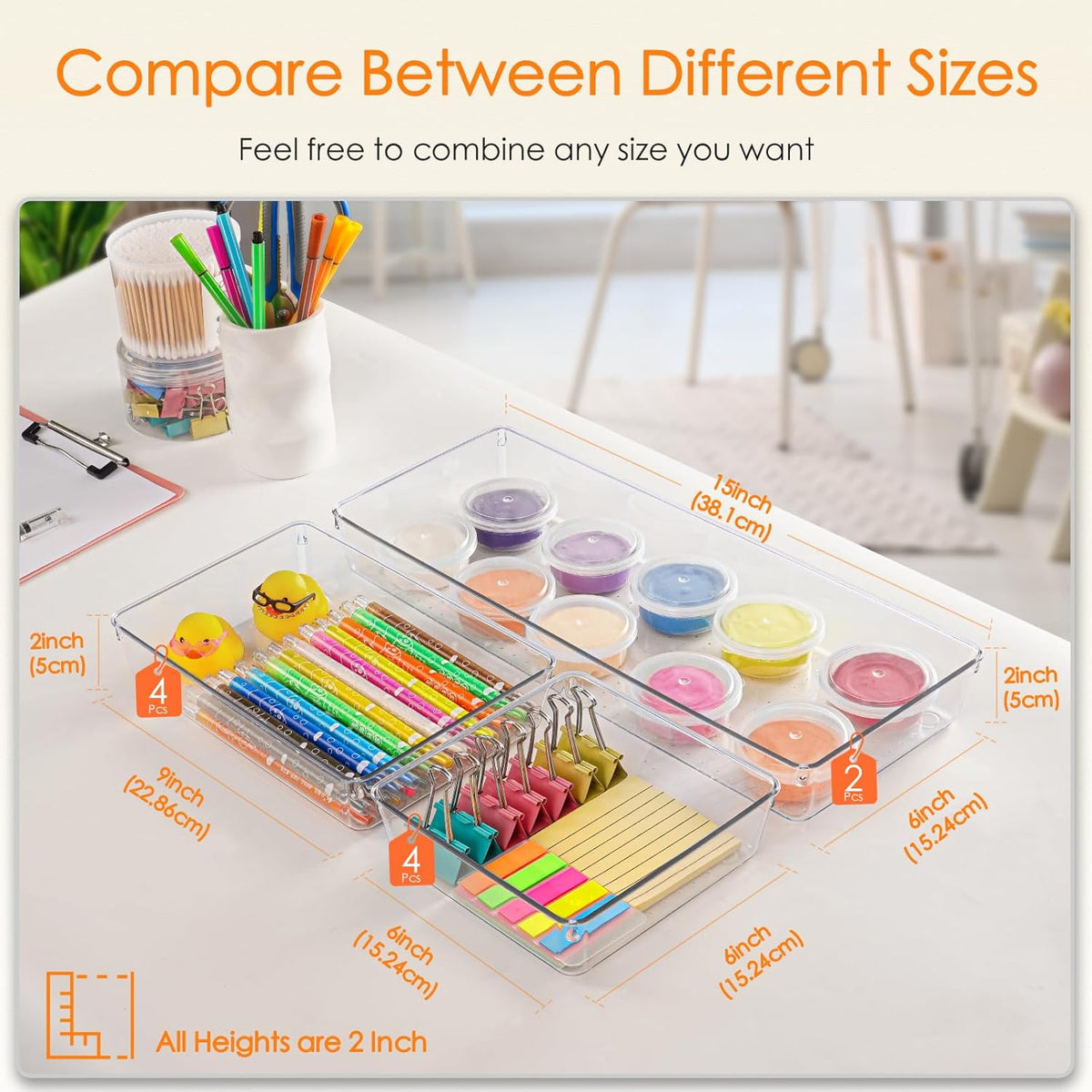 Drawer Organizer, Large Clear Plastic Set, 3 Size Versatile Bathroom and Vanity Organizer Trays, Storage Bins for Makeup, Bedroom, Kitchen Utensils