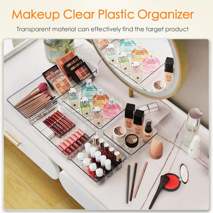 Drawer Organizer, Large Clear Plastic Set, 3 Size Versatile Bathroom and Vanity Organizer Trays, Storage Bins for Makeup, Bedroom, Kitchen Utensils