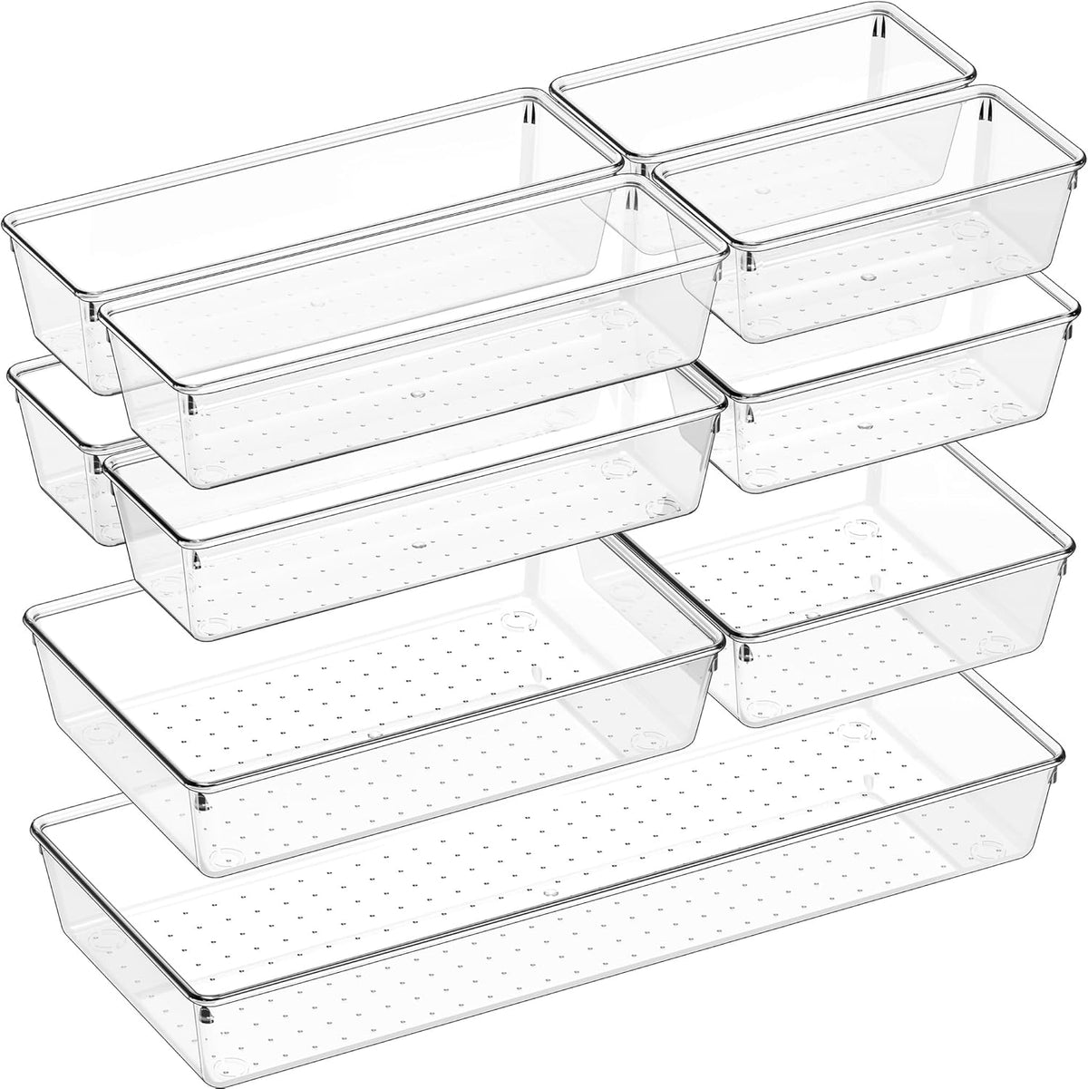Drawer Organizer, Large Clear Plastic Set, 3 Size Versatile Bathroom and Vanity Organizer Trays, Storage Bins for Makeup, Bedroom, Kitchen Utensils