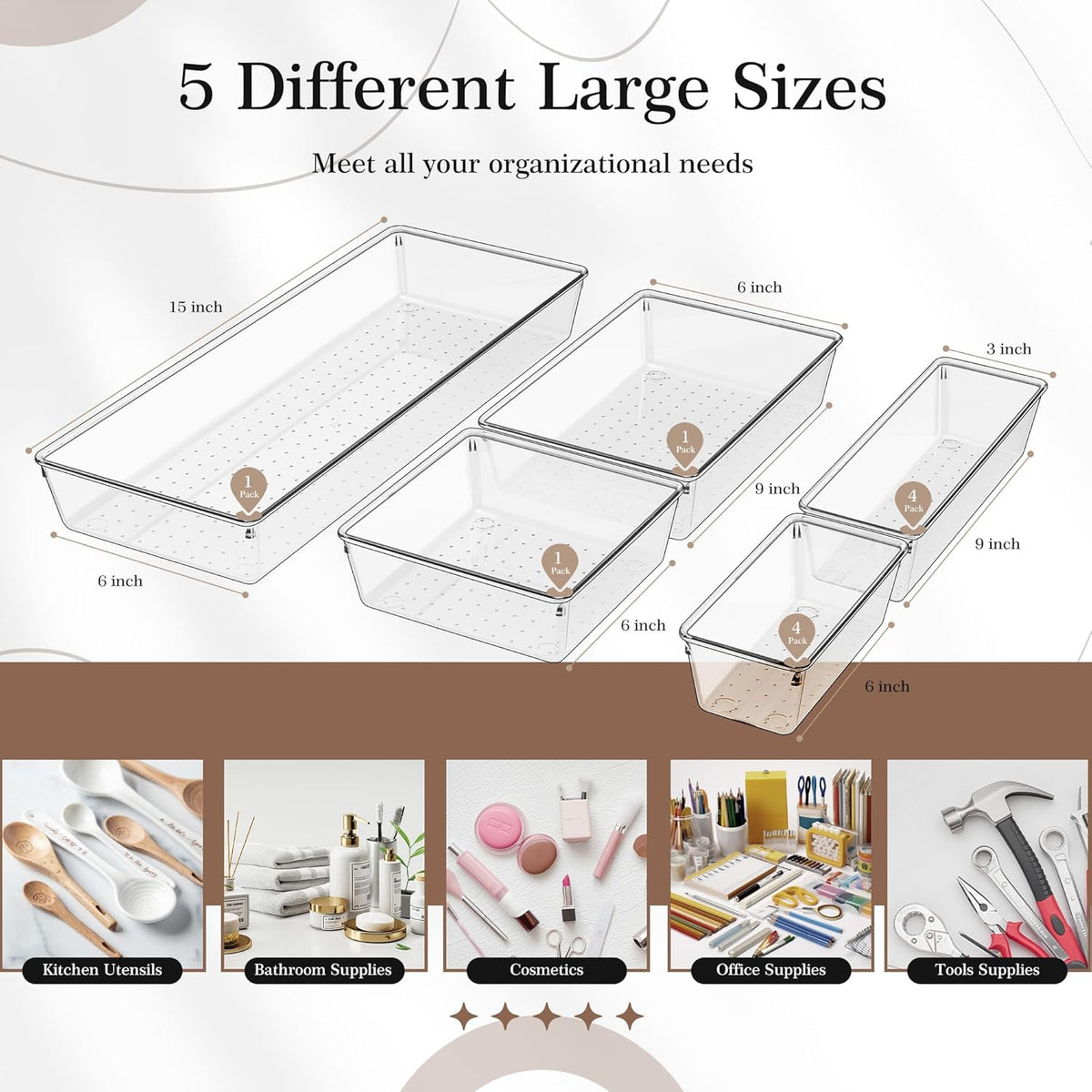 Drawer Organizer, Large Clear Plastic Set, 3 Size Versatile Bathroom and Vanity Organizer Trays, Storage Bins for Makeup, Bedroom, Kitchen Utensils
