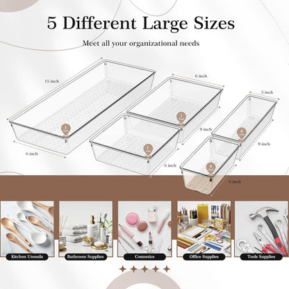 Drawer Organizer, Large Clear Plastic Set, 3 Size Versatile Bathroom and Vanity Organizer Trays, Storage Bins for Makeup, Bedroom, Kitchen Utensils