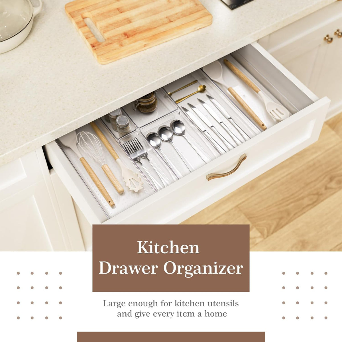 Drawer Organizer, Large Clear Plastic Set, 3 Size Versatile Bathroom and Vanity Organizer Trays, Storage Bins for Makeup, Bedroom, Kitchen Utensils