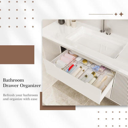 Drawer Organizer, Large Clear Plastic Set, 3 Size Versatile Bathroom and Vanity Organizer Trays, Storage Bins for Makeup, Bedroom, Kitchen Utensils