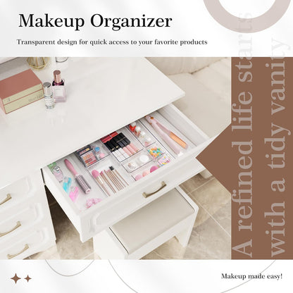 Drawer Organizer, Large Clear Plastic Set, 3 Size Versatile Bathroom and Vanity Organizer Trays, Storage Bins for Makeup, Bedroom, Kitchen Utensils