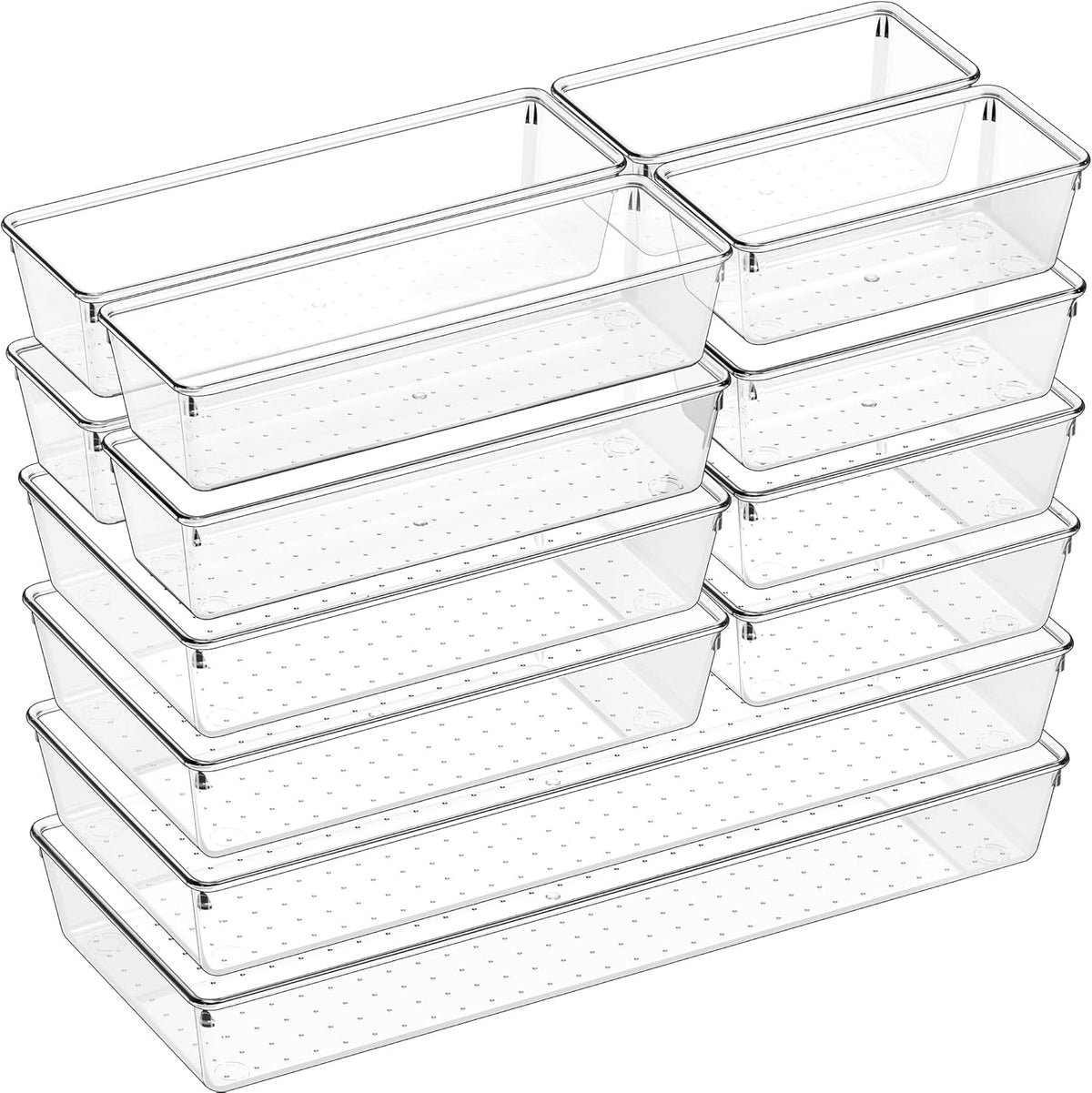 Drawer Organizer, Large Clear Plastic Set, 3 Size Versatile Bathroom and Vanity Organizer Trays, Storage Bins for Makeup, Bedroom, Kitchen Utensils