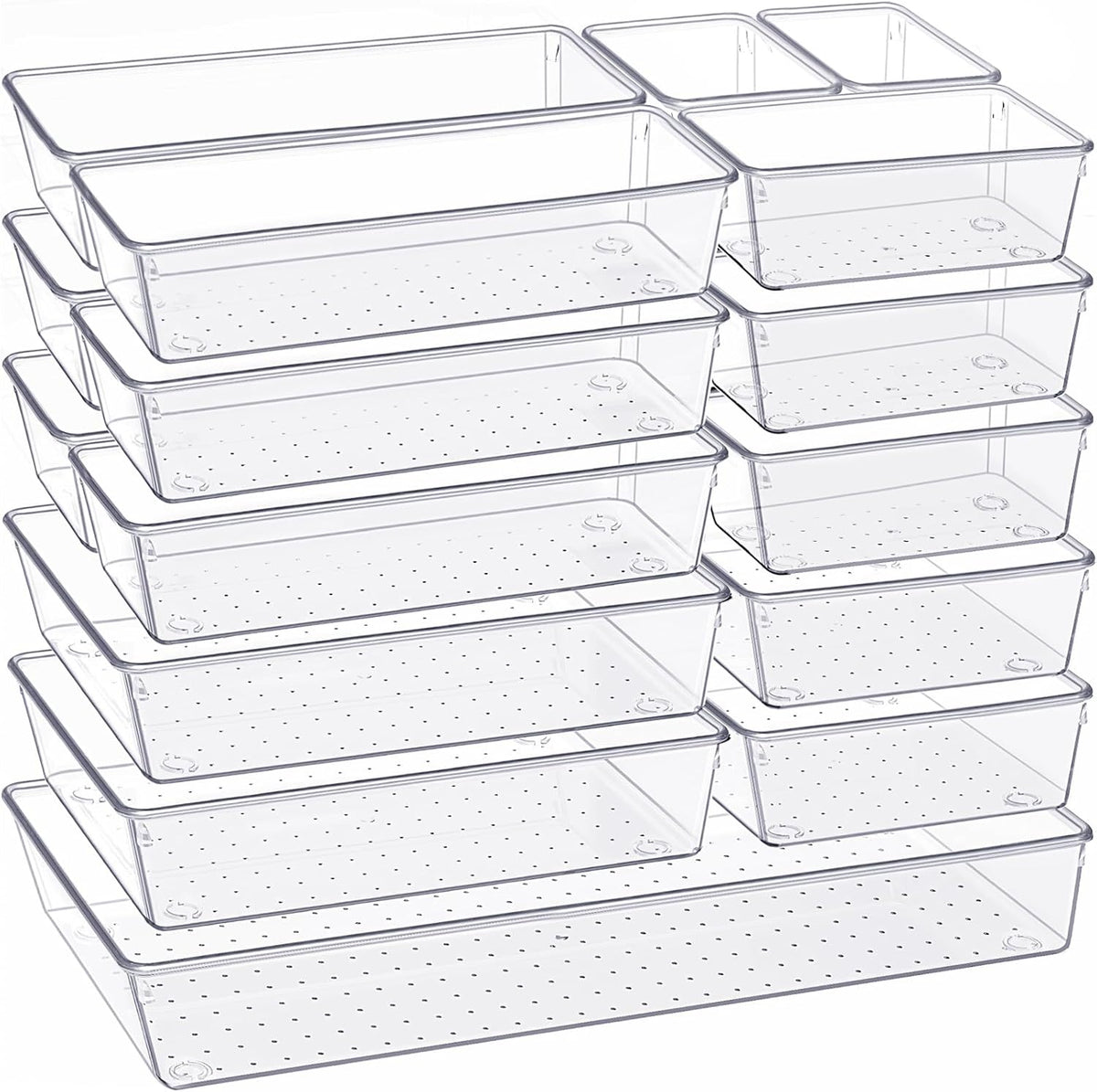 Drawer Organizer, Large Clear Plastic Set, 3 Size Versatile Bathroom and Vanity Organizer Trays, Storage Bins for Makeup, Bedroom, Kitchen Utensils