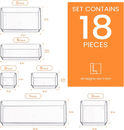 Drawer Organizer, Large Clear Plastic Set, 3 Size Versatile Bathroom and Vanity Organizer Trays, Storage Bins for Makeup, Bedroom, Kitchen Utensils