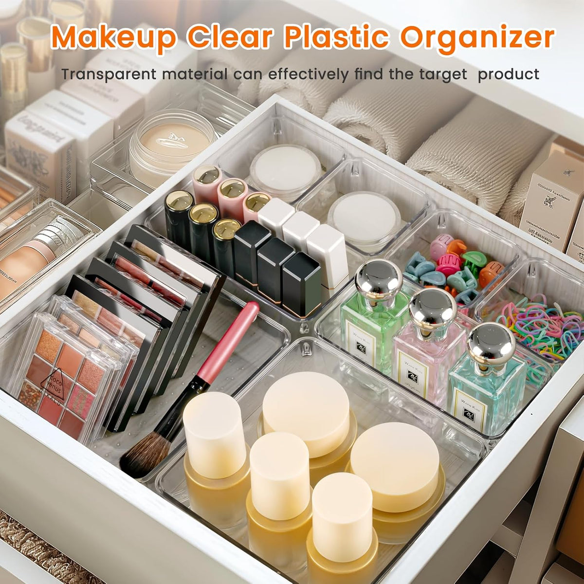 Drawer Organizer, Large Clear Plastic Set, 3 Size Versatile Bathroom and Vanity Organizer Trays, Storage Bins for Makeup, Bedroom, Kitchen Utensils