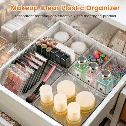 Drawer Organizer, Large Clear Plastic Set, 3 Size Versatile Bathroom and Vanity Organizer Trays, Storage Bins for Makeup, Bedroom, Kitchen Utensils