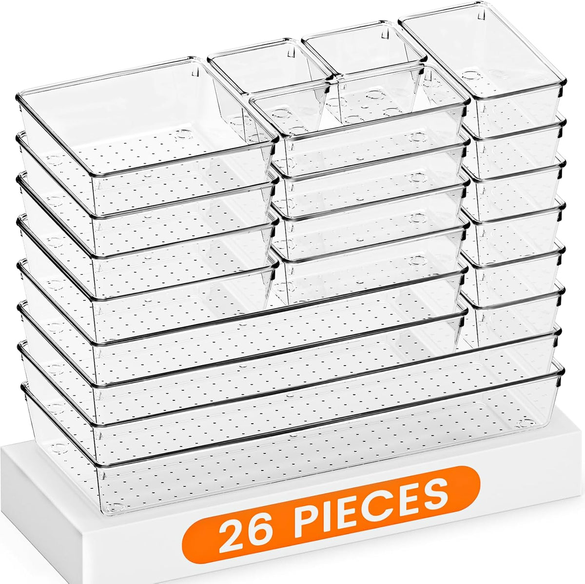 Drawer Organizer, Large Clear Plastic Set, 3 Size Versatile Bathroom and Vanity Organizer Trays, Storage Bins for Makeup, Bedroom, Kitchen Utensils