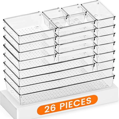 Drawer Organizer, Large Clear Plastic Set, 3 Size Versatile Bathroom and Vanity Organizer Trays, Storage Bins for Makeup, Bedroom, Kitchen Utensils