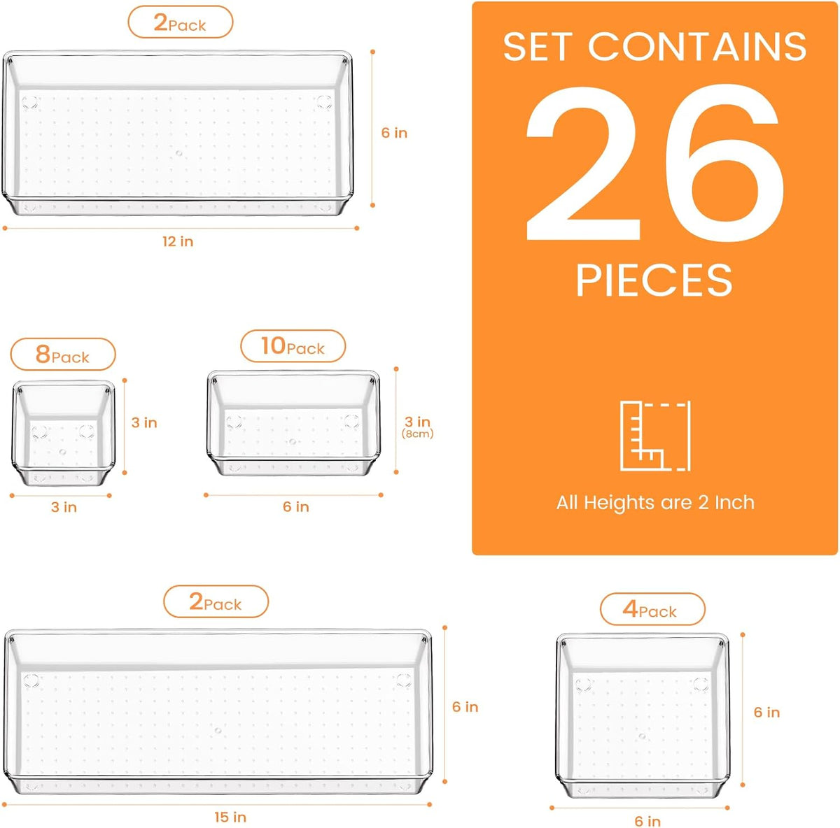 Drawer Organizer, Large Clear Plastic Set, 3 Size Versatile Bathroom and Vanity Organizer Trays, Storage Bins for Makeup, Bedroom, Kitchen Utensils