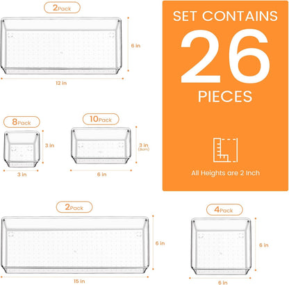Drawer Organizer, Large Clear Plastic Set, 3 Size Versatile Bathroom and Vanity Organizer Trays, Storage Bins for Makeup, Bedroom, Kitchen Utensils