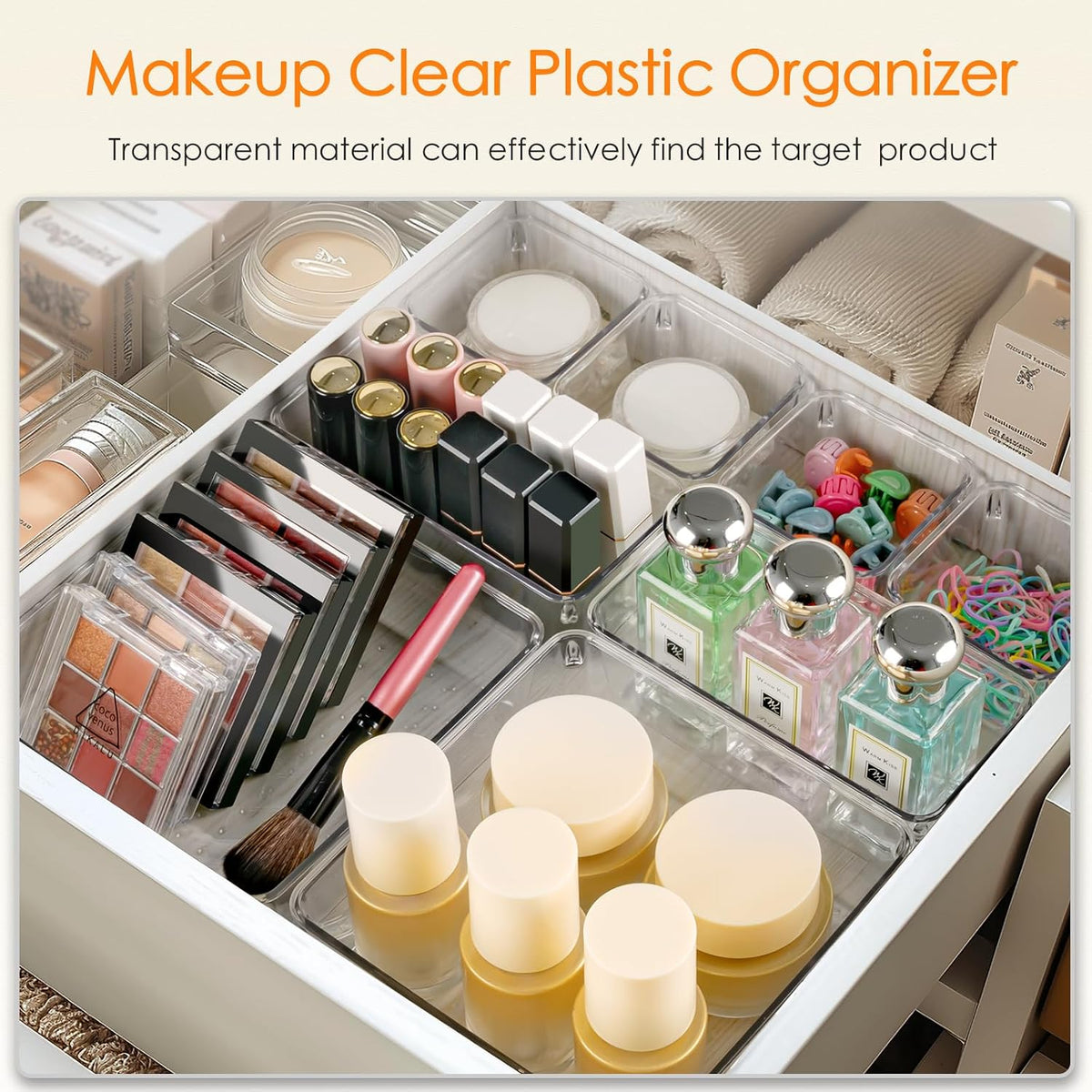 Drawer Organizer, Large Clear Plastic Set, 3 Size Versatile Bathroom and Vanity Organizer Trays, Storage Bins for Makeup, Bedroom, Kitchen Utensils