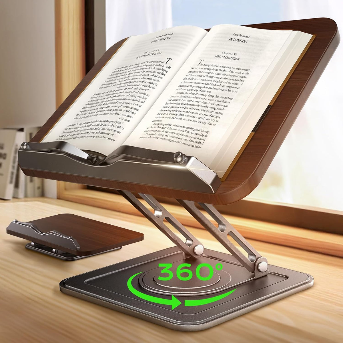 Book Stand for Reading, 360° Rotating Holder with Page Clip, Ergonomic