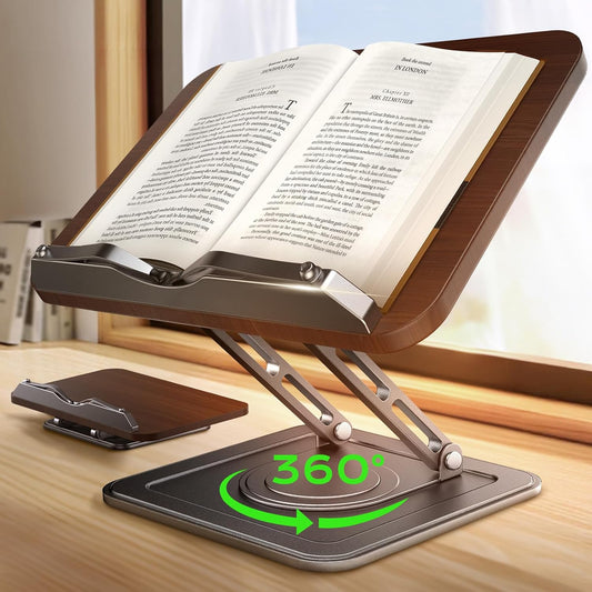 Book Stand for Reading, 360° Rotating Holder with Page Clip, Ergonomic
