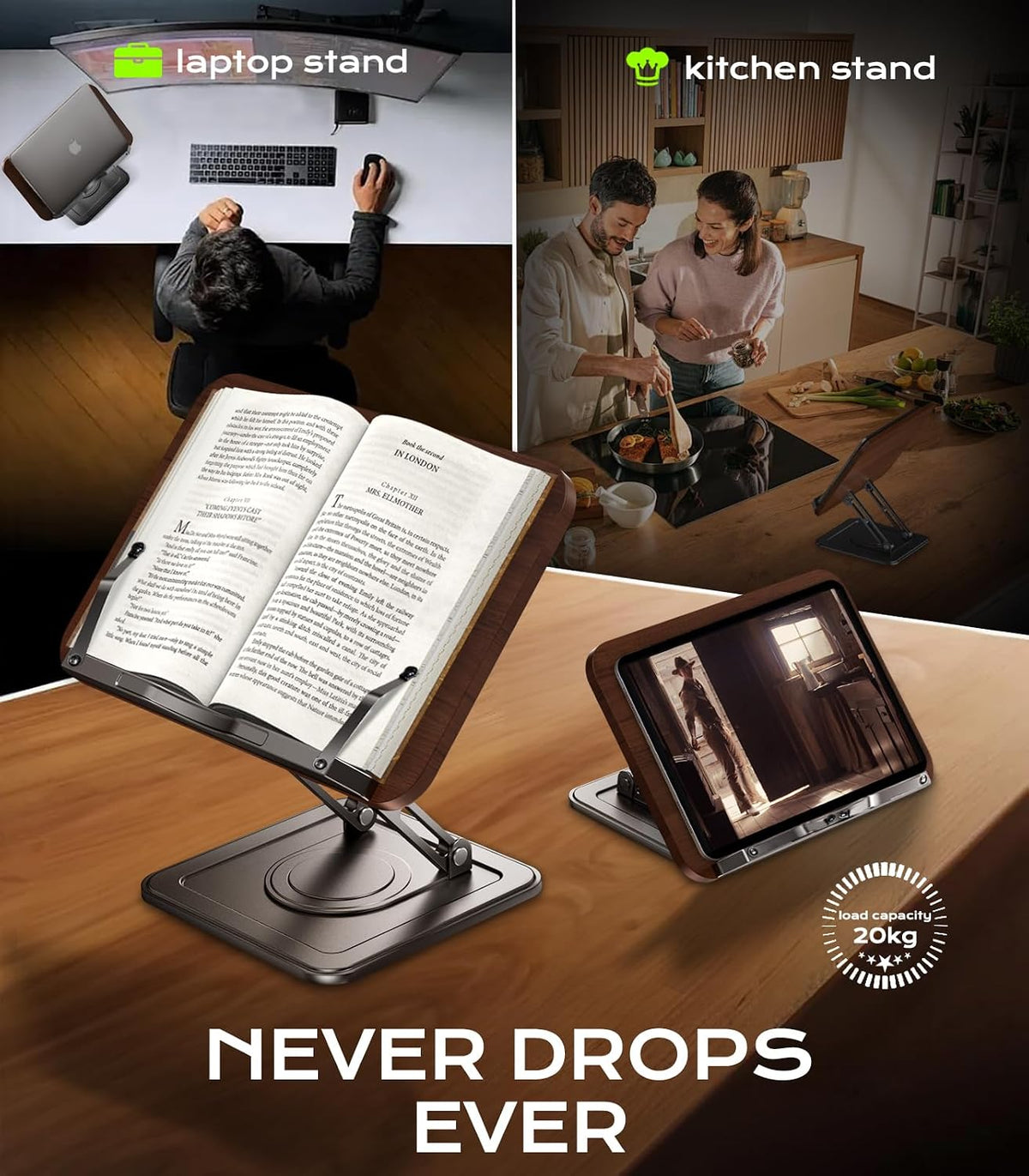 Book Stand for Reading, 360° Rotating Holder with Page Clip, Ergonomic