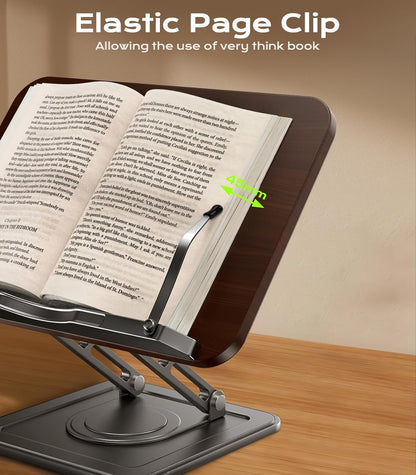 Book Stand for Reading, 360° Rotating Holder with Page Clip, Ergonomic