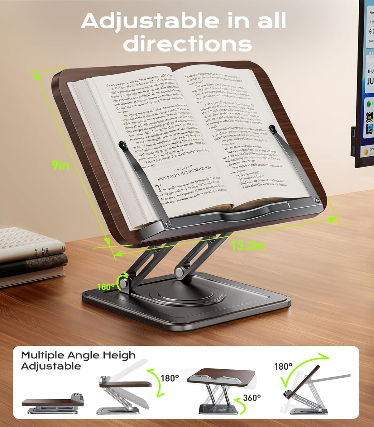 Book Stand for Reading, 360° Rotating Holder with Page Clip, Ergonomic