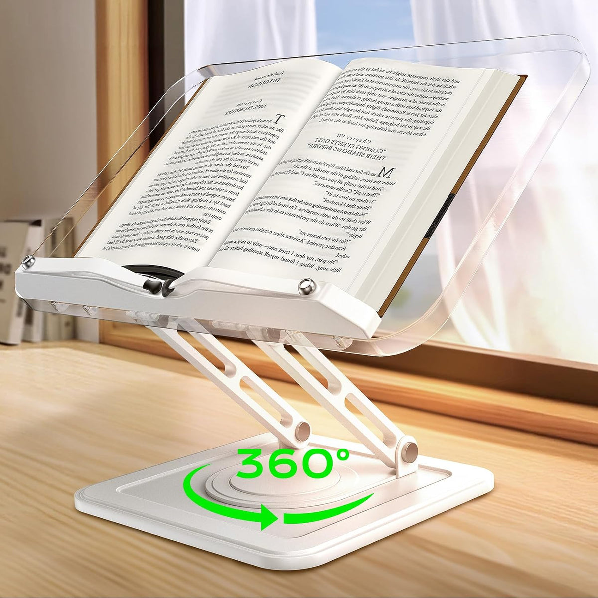 Book Stand for Reading, 360° Rotating Holder with Page Clip, Ergonomic